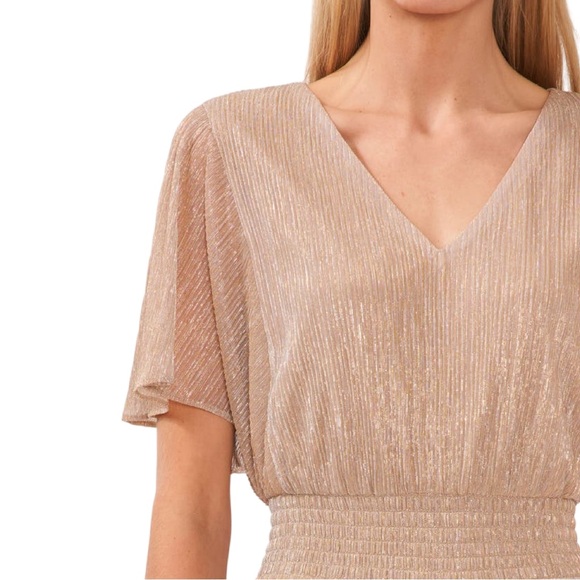 Halogen V-Neck Flutter Sleeve Wide Leg Plissé Jumpsuit in Metallic Taupe Size M - Picture 3 of 9